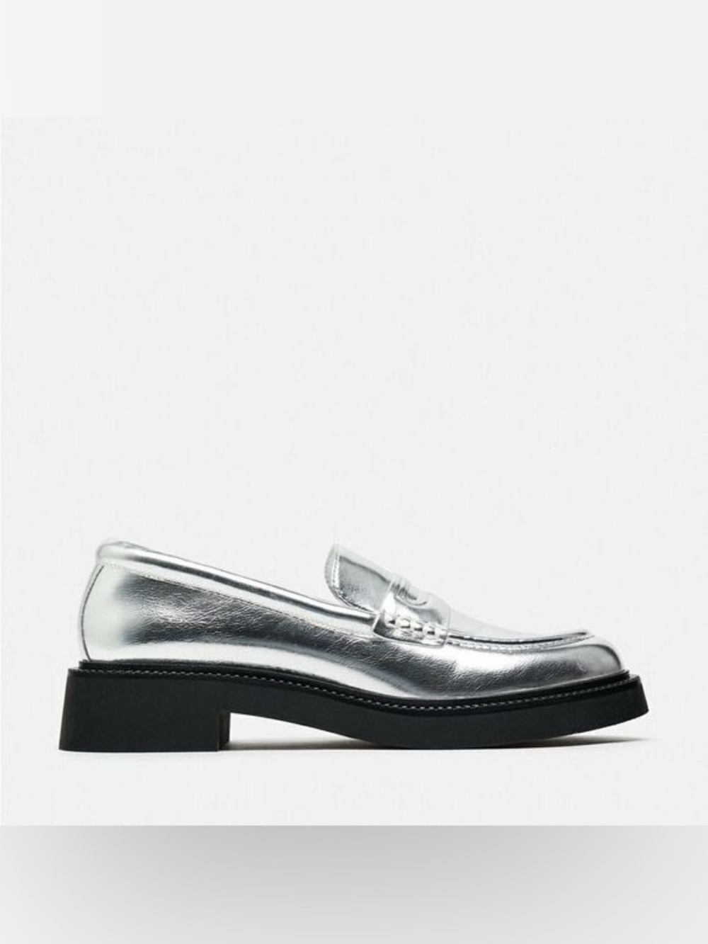 NWOT Zara Silver Metallic Penny Loafers Chunky Lug Sole Preppy Street Style 38